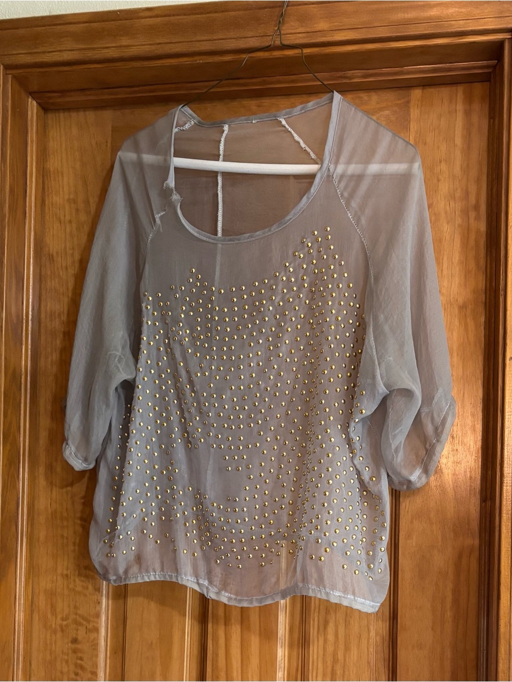 Sheer Gray Studded Women's Blouse - Lightweight Layering Top - Picture 1 of 11